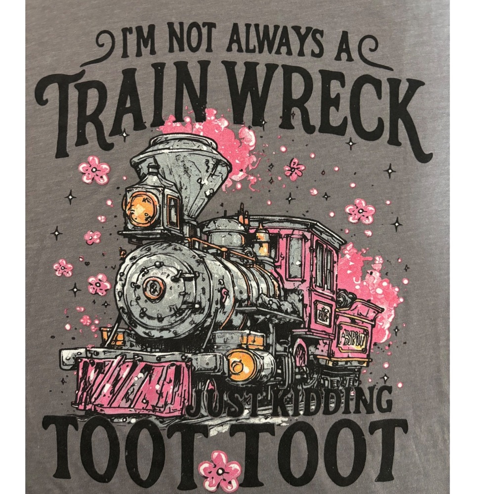 Love in Faith Long Sleeve Graphic Tee Women Lg Grey Train Wreck Excellent